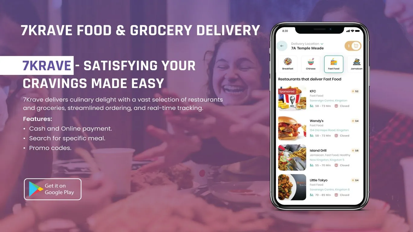 7Krave app on an iPhone showing a delivery location, cuisine tiles for Breakfast, Chinese, Fast Food and Jamaican, and a list of nearby restaurants
