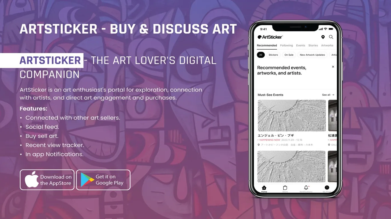 ArtSticker app on an iPhone with Recommended, Following, Events, Stories and Artworks tabs, filter chips and a Must-See Events carousel