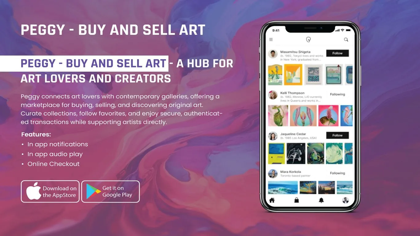 Peggy art app on an iPhone showing a feed of artists, each with a short bio, a Follow or Following button and a row of artwork thumbnails