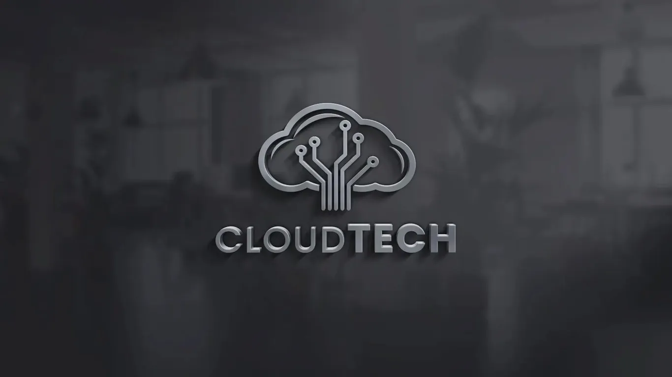 3D metallic Cloudtech logo featuring a cloud and circuit tree icon mounted on a dark office wall