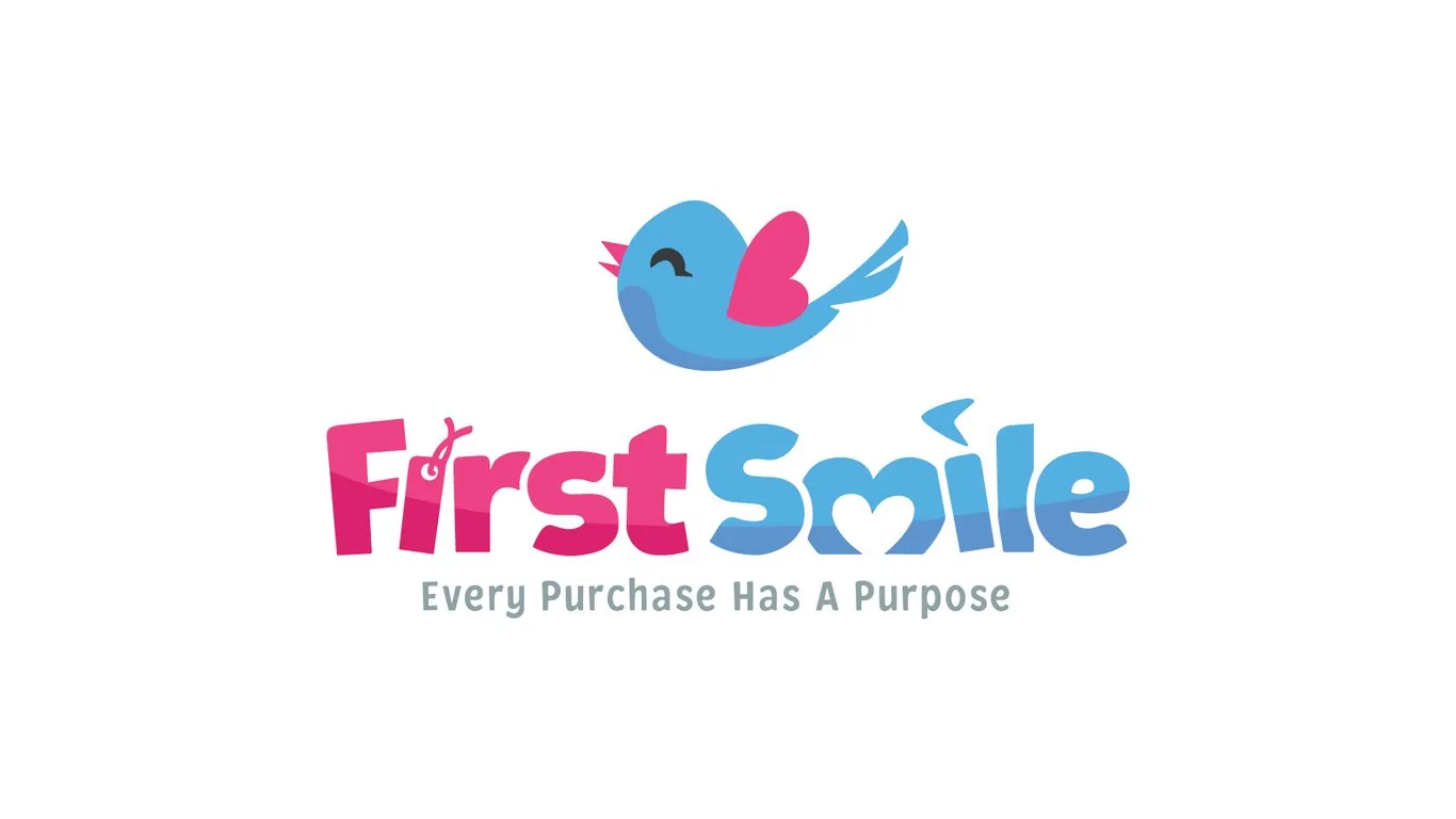 First Smile logo featuring a blue and pink bird illustration with tagline Every Purchase Has A Purpose