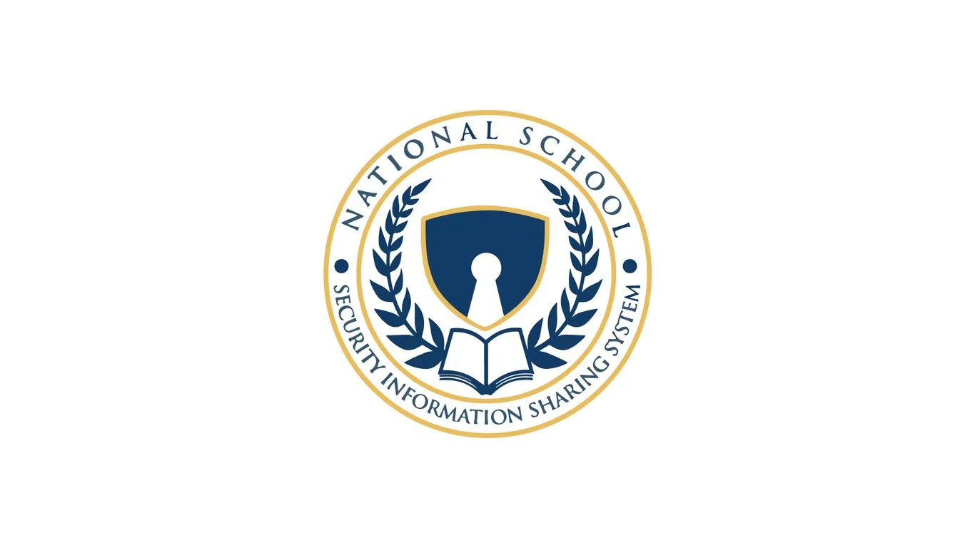 Circular crest logo for National School Security Information Sharing System featuring a shield, keyhole, and open book