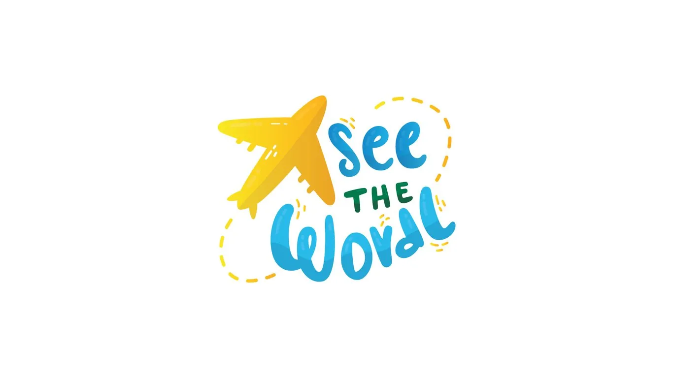 Illustrated logo for See the World featuring a yellow airplane and playful typography