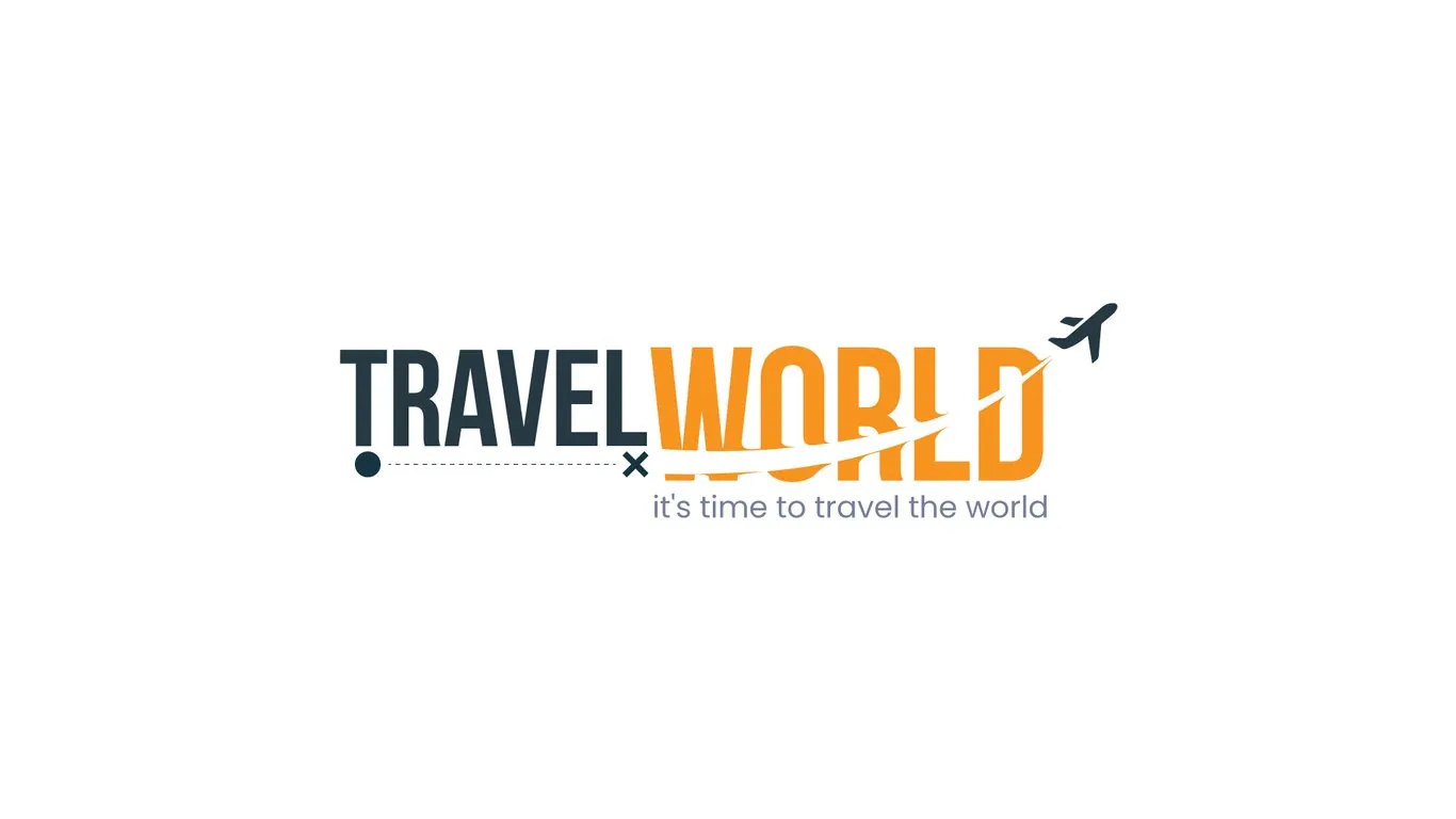 Travel World logo with dark TRAVEL and orange WORLD lettering, a dotted route line, a plane trailing a swoosh and the tagline it's time to travel the world
