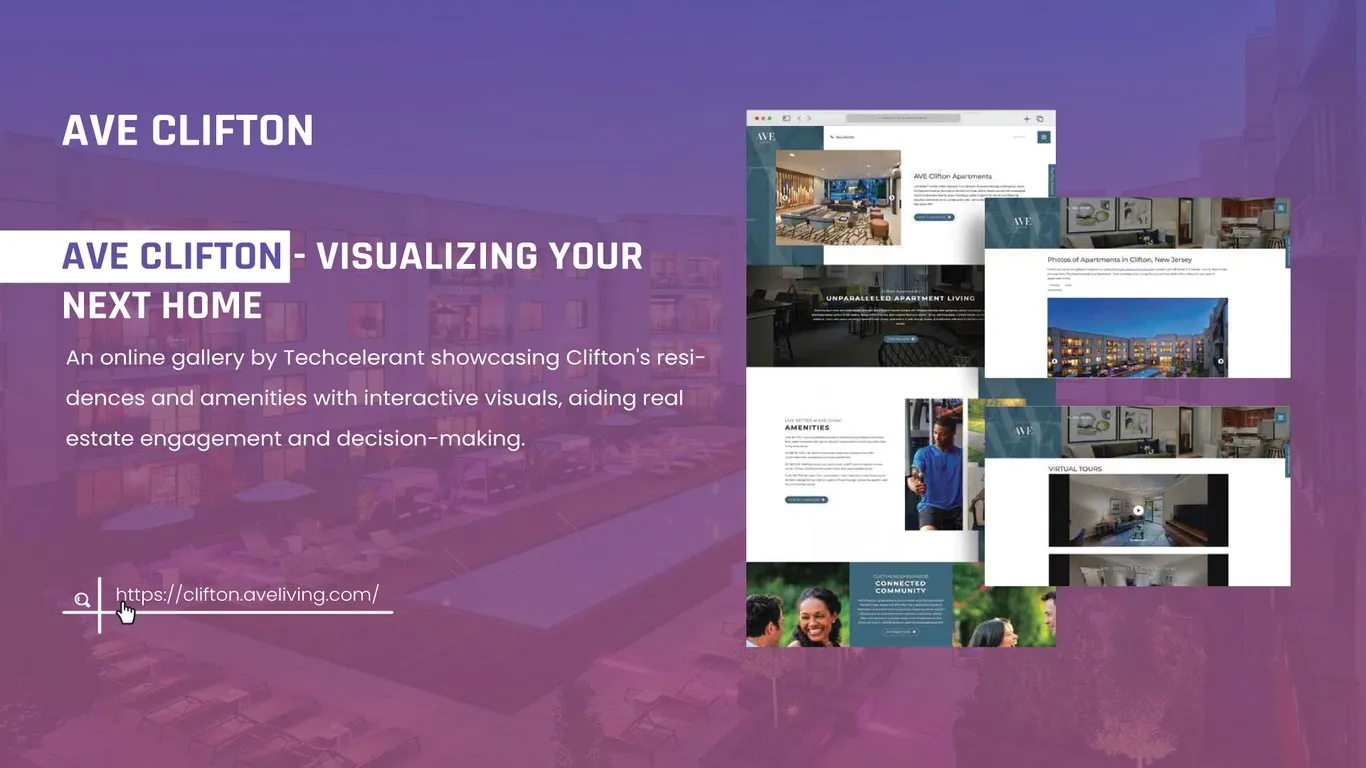 AVE Clifton apartment website in three browser windows: a teal homepage with a lobby photo, a photo gallery of the building at dusk, and a virtual tours page