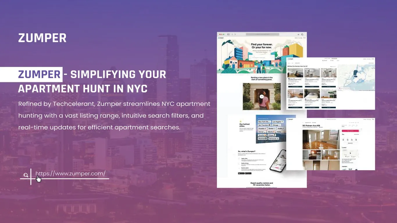 Zumper rental website in three browser windows: an illustrated Find your forever homepage, a New York search results page with a map, and a listing page