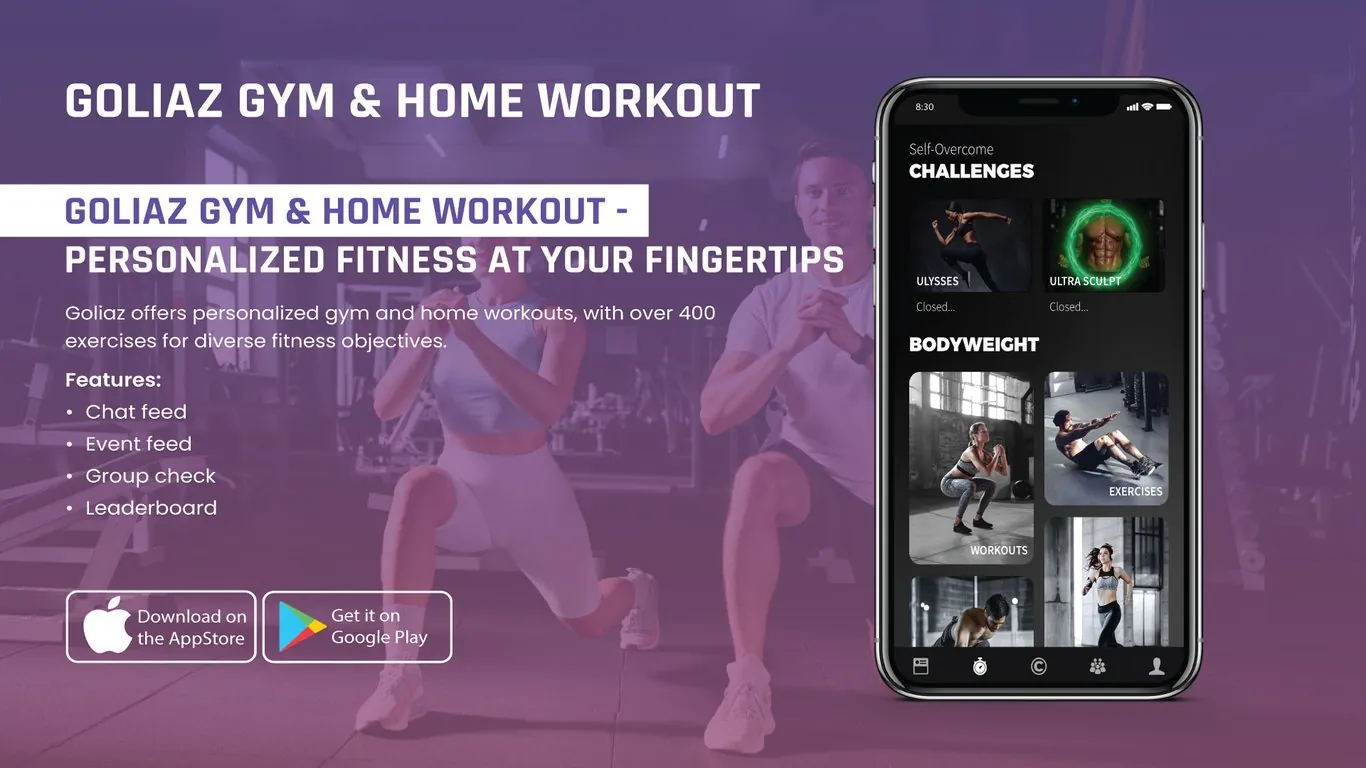 Goliaz app on an iPhone with a black theme showing Self-Overcome Challenges cards and a Bodyweight section with photo tiles for workouts and exercises