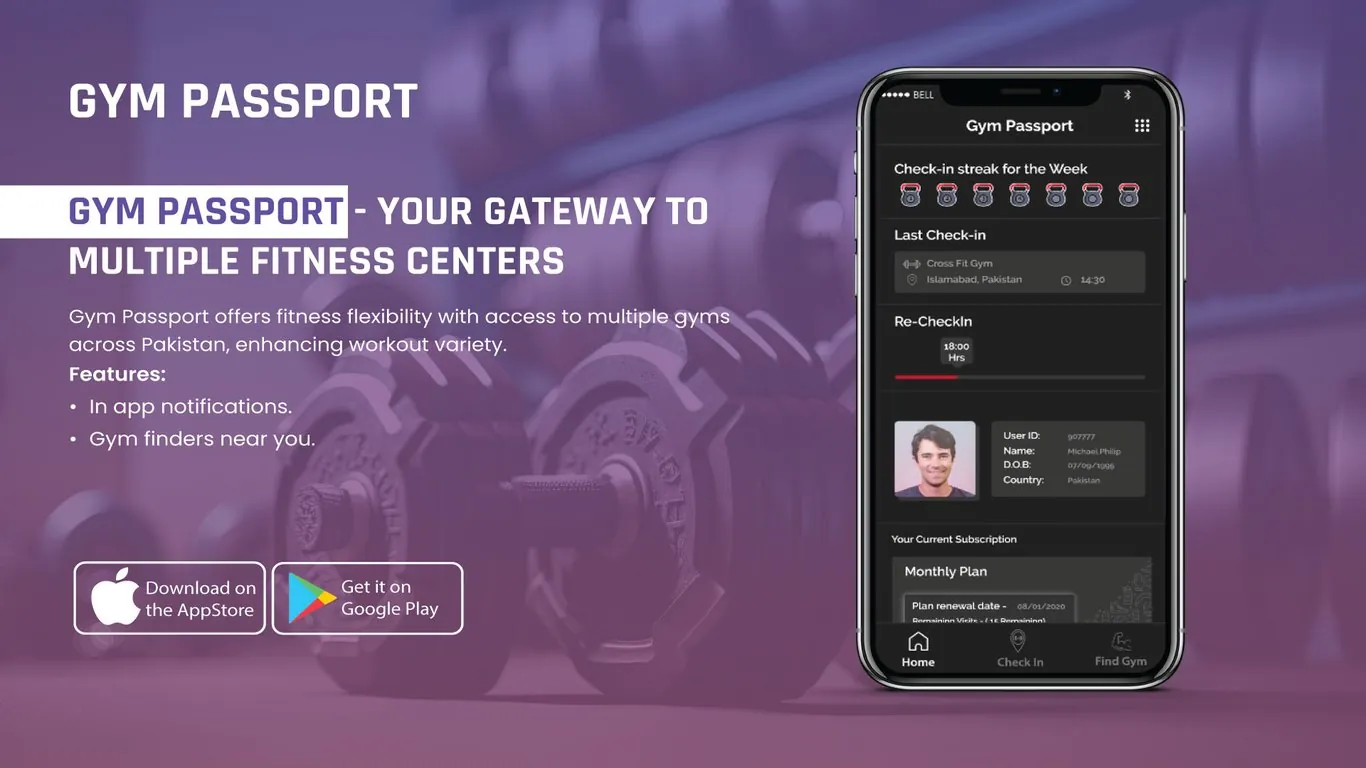 Gym Passport app on an iPhone in a dark theme showing a weekly check-in streak, last check-in, a re-check-in timer, a member ID card and the current plan