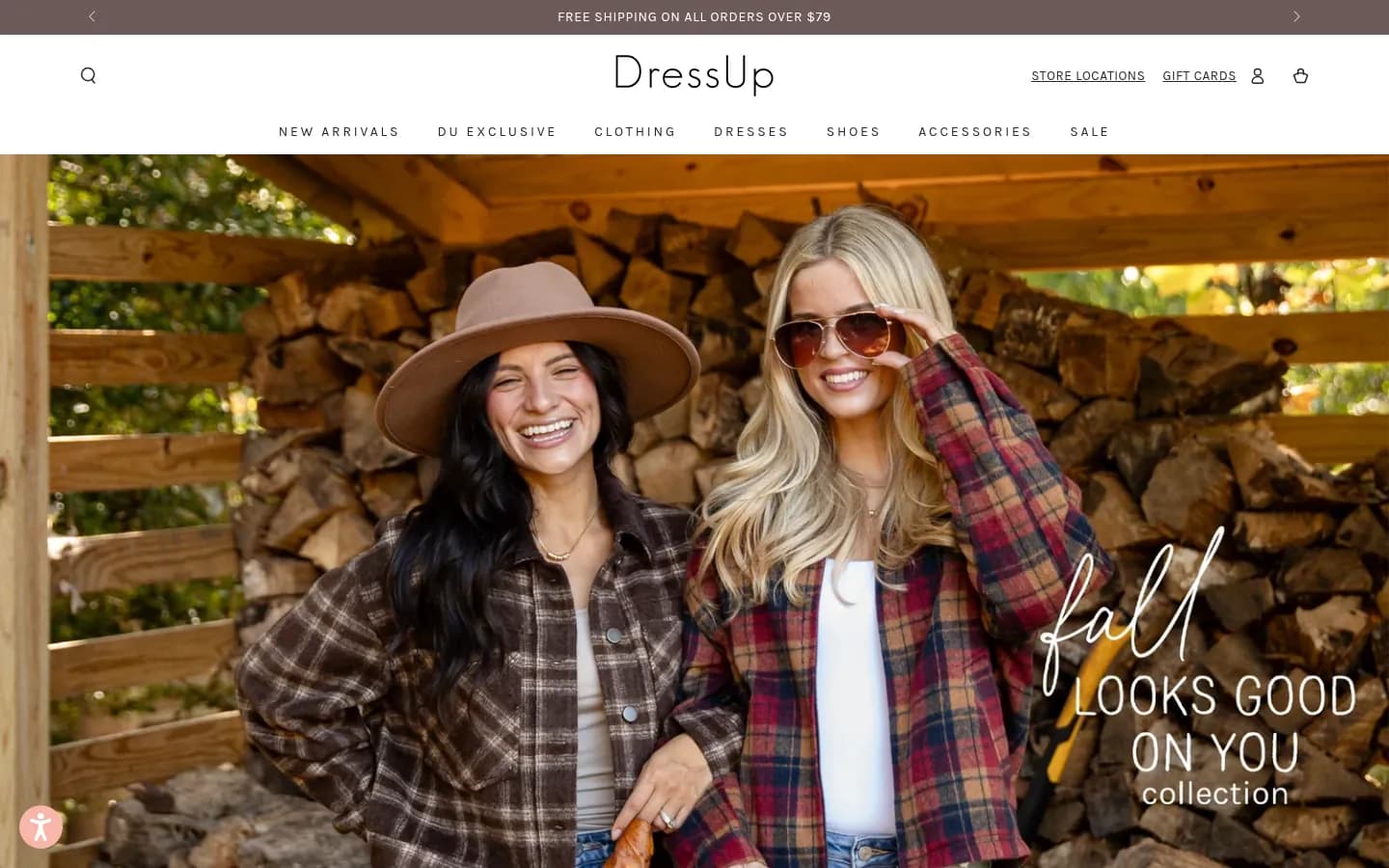 Dress Up online boutique home page with a seasonal fall collection banner