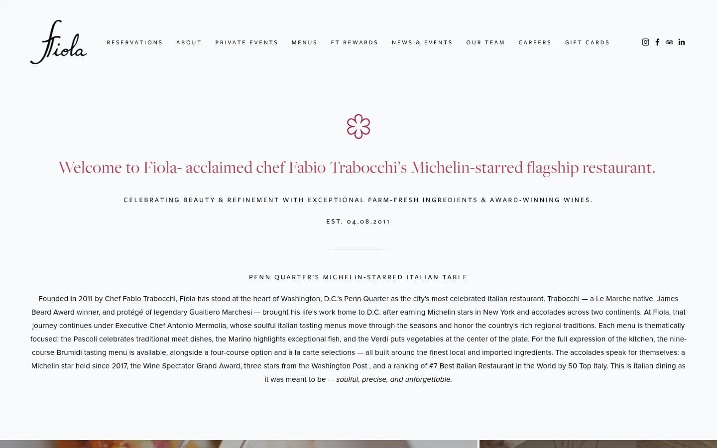 Fiola DC restaurant website home page welcoming guests to Fabio Trabocchi's restaurant