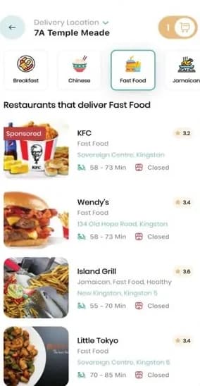 7Krave food delivery app listing nearby restaurants