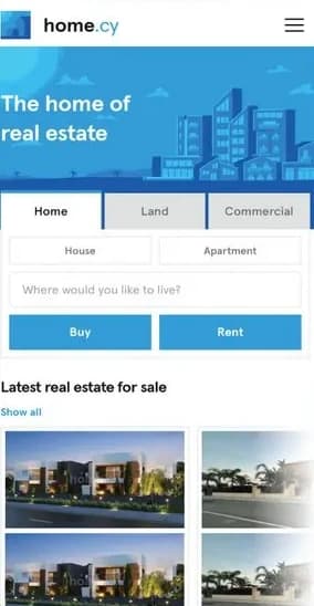 HOME.CY real estate app home screen with property search