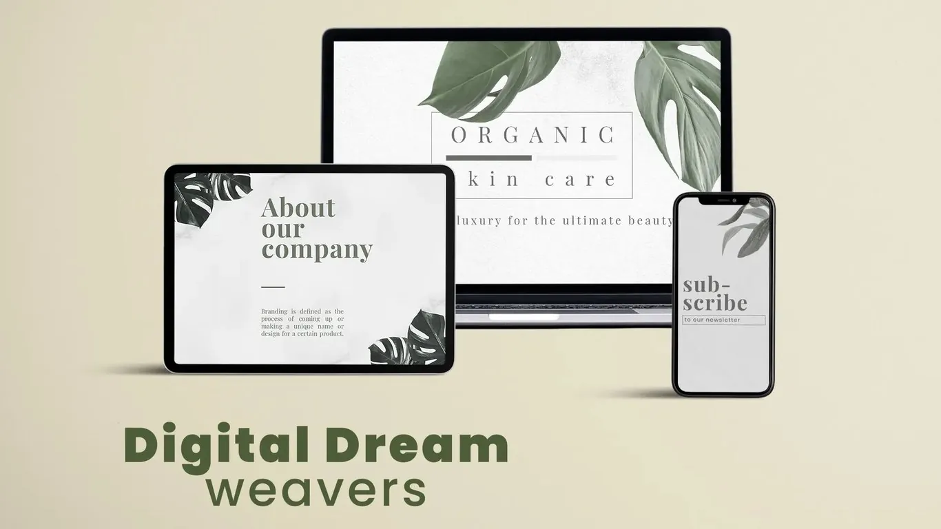 Organic skin care website for Digital Dream Weavers on a laptop, tablet and phone, with soft gray backgrounds, serif headings and green monstera leaves