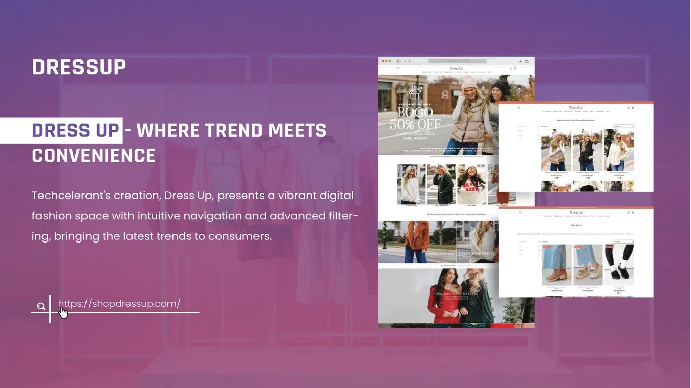 Dress Up online boutique pages with a winter promo banner, trend category tiles, holiday party dresses feature and filtered product grids for new arrivals and shoes