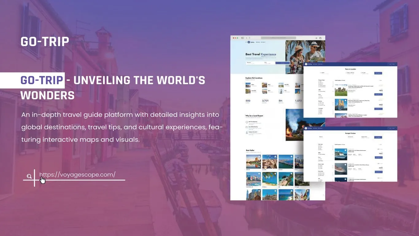 GO-TRIP travel website pages with a Best Travel Experience search hero, Explore Hot Locations grid, best seller destinations, and filtered results for Tours in London and Europe Cruises