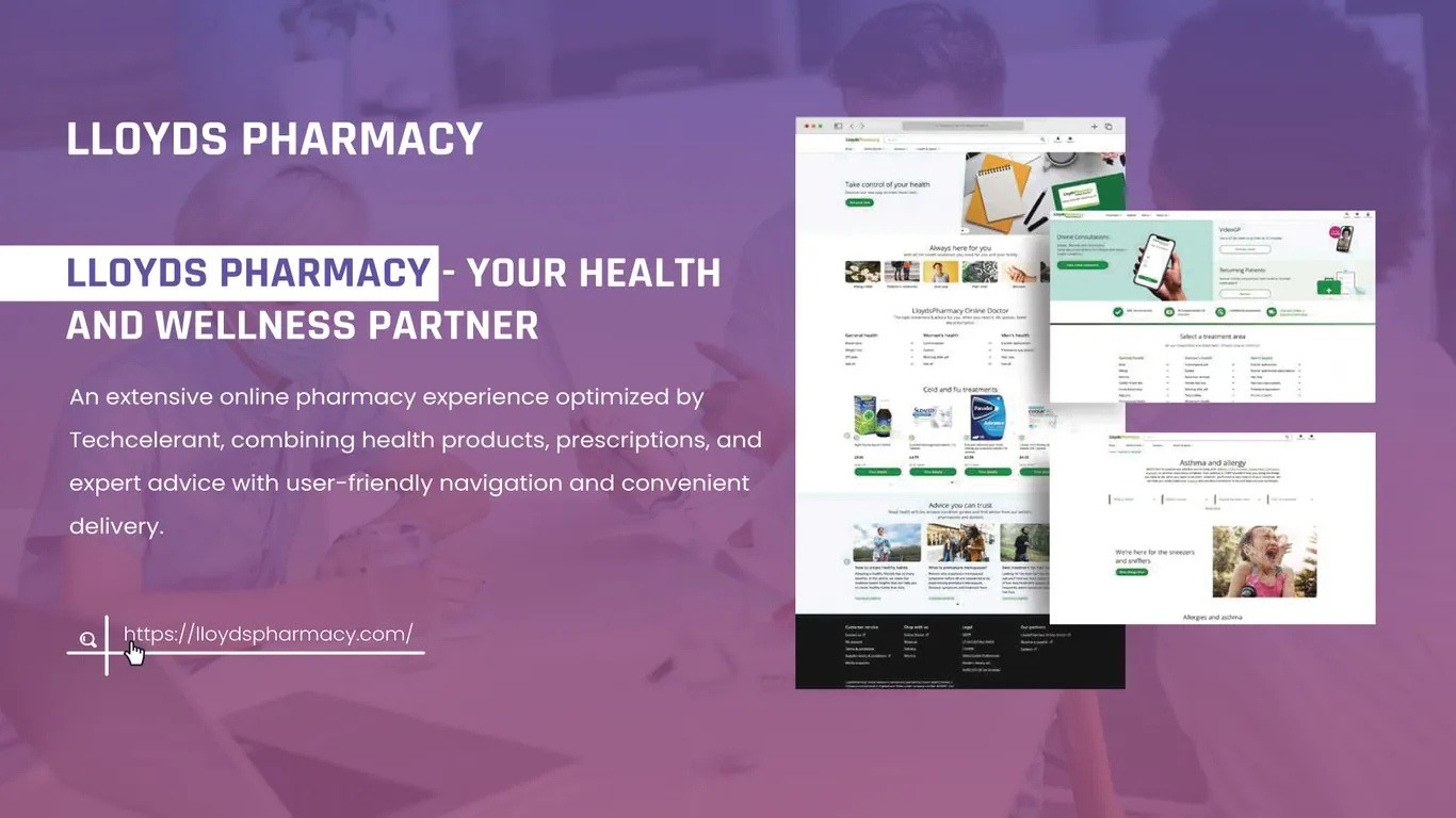 Lloyds Pharmacy website in three browser windows: a Take control of your health homepage, an online consultations page, and an Asthma and allergy page