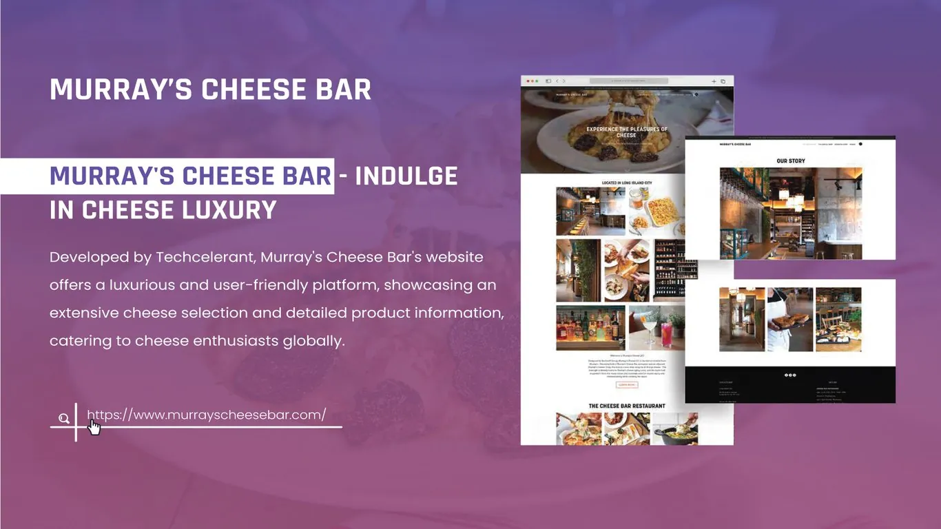 Murray's Cheese Bar website pages with a hero photo of pasta and the line Experience the Pleasures of Cheese, a photo grid of the Long Island City restaurant, an Our Story page and a black footer
