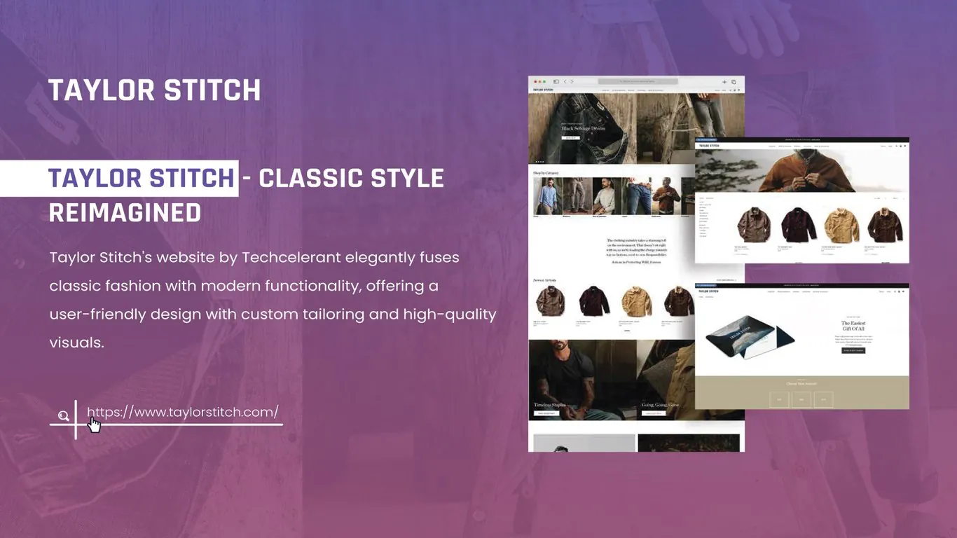 Taylor Stitch online store pages showing a black selvage denim hero, shop by category tiles, jacket collection grid and a gift card page