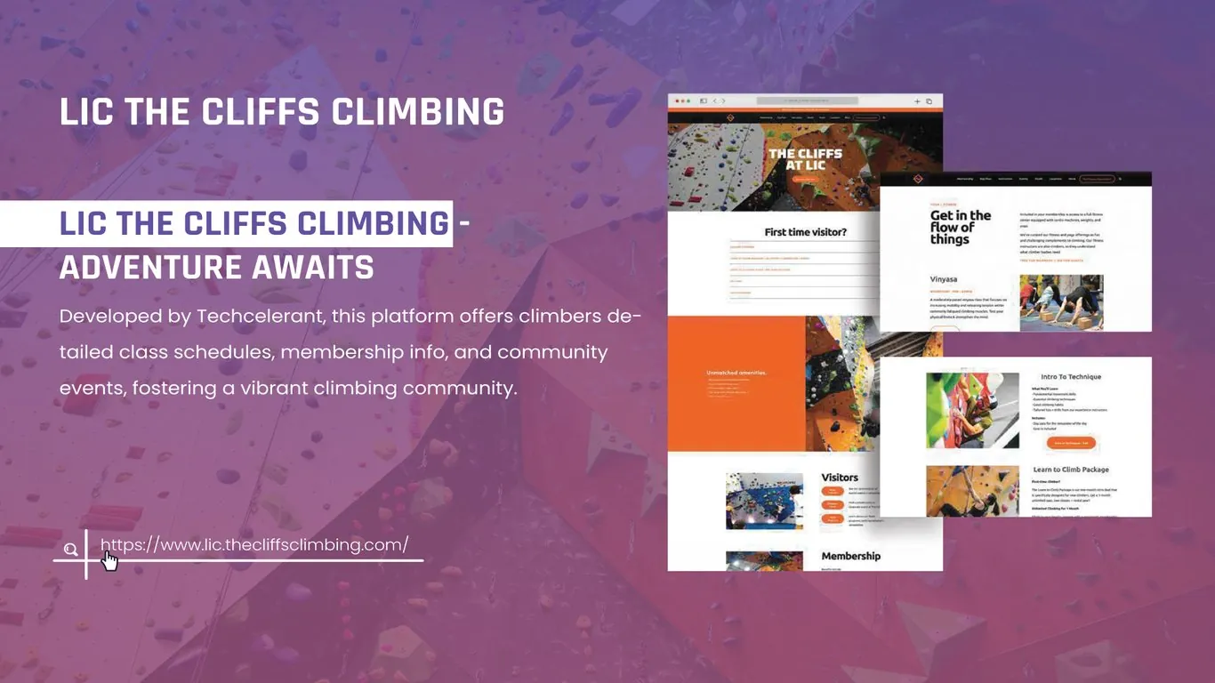 The Cliffs at LIC climbing gym website pages with a climbing wall hero, First time visitor FAQ, orange amenities panel, yoga class page and Intro to Technique and Learn to Climb packages