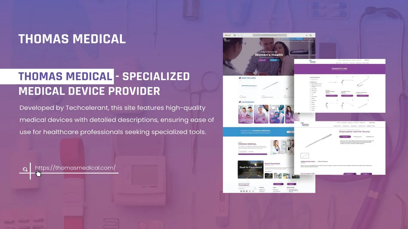 Thomas Medical website in three browser windows: a Women's Health homepage, a Diagnostic Care catalog with filters, and a Disposable Uterine Sound product page